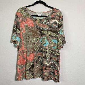 TanJay Paisley Abstract Short Sleeve Top Women 2X Boho Casual Resort Embellished